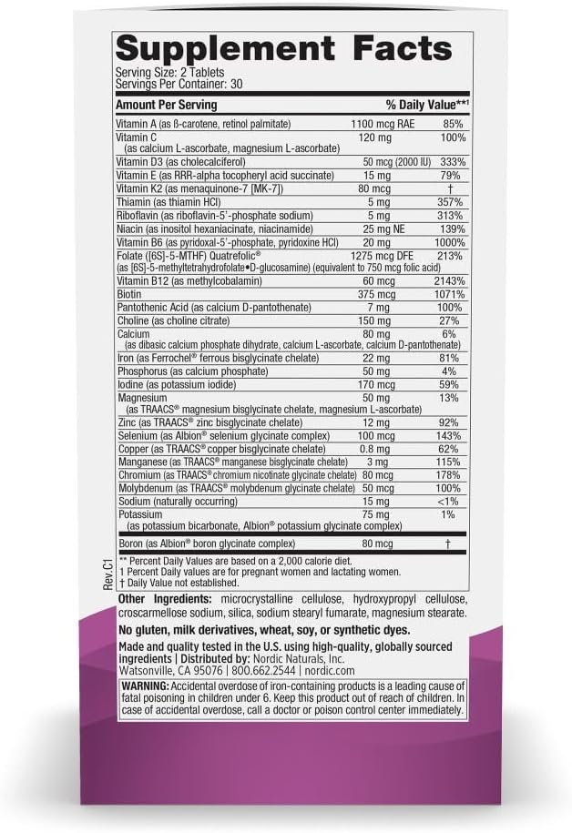Nordic Naturals Prenatal Multivitamin for Women - Daily Vegetarian Prenatal Vitamins - 22 Essential Nutrients, Including B6, Folate, and Iron - 60 Tablets - 30 Servings