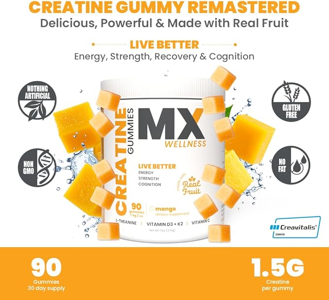 Creatine Monohydrate Gummies for Men & Women – Real Fruit Gummy Supplement for Muscle Growth, Recovery, Longevity, Cognitive Health & Memory – 90 Chews (90 Gummies, Mango)
