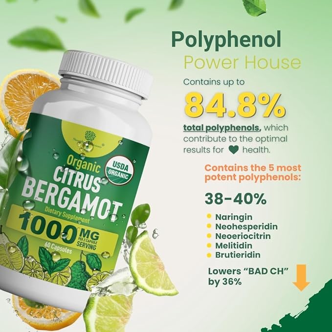 Organic Citrus Bergamot Supplement - Only USDA, Cardiologist Formulated with 200+ Scientific Studies -1000mg - Patented Extract, Heart, Cholesterol, & Lipid - Italian Bergamot High Polyphenols 60caps