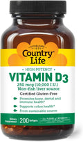 Country Life Vitamin D3 10,000 IU – High Potency Non-Fish Source – Bone & Immune Support – Certified Gluten-Free – 200 Softgels