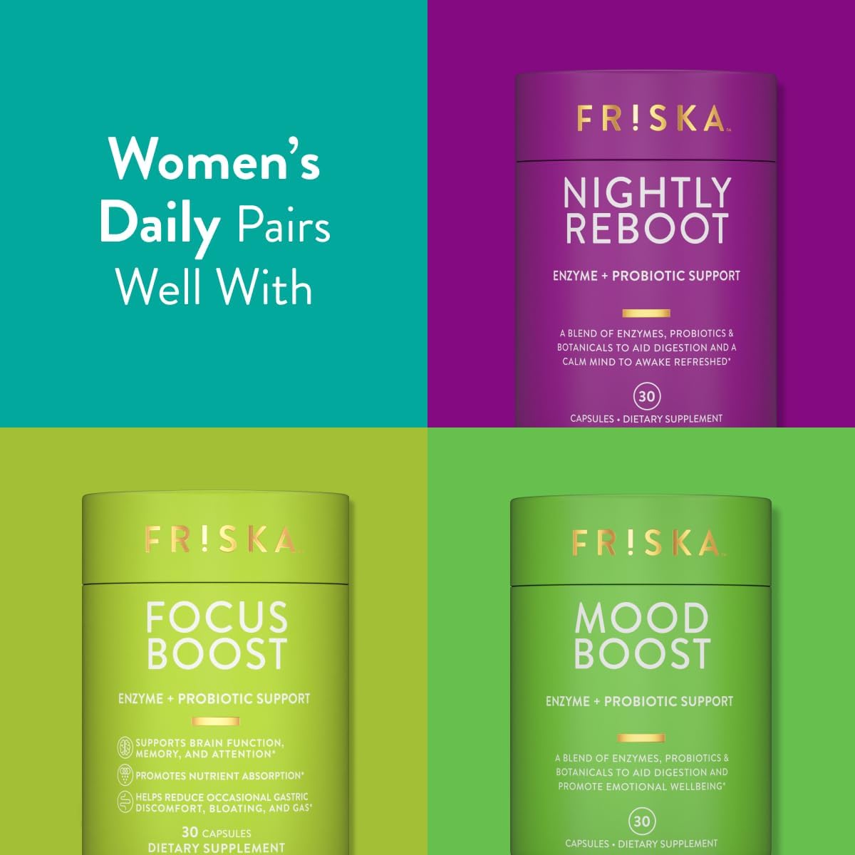 FRISKA Women’s Daily Digestive Enzyme and Probiotics Supplement, Advanced Natural Support for Female Digestive Health, Fights Bloating, Eases Digestion, Supports Nutrient Absorption, 90 Capsules