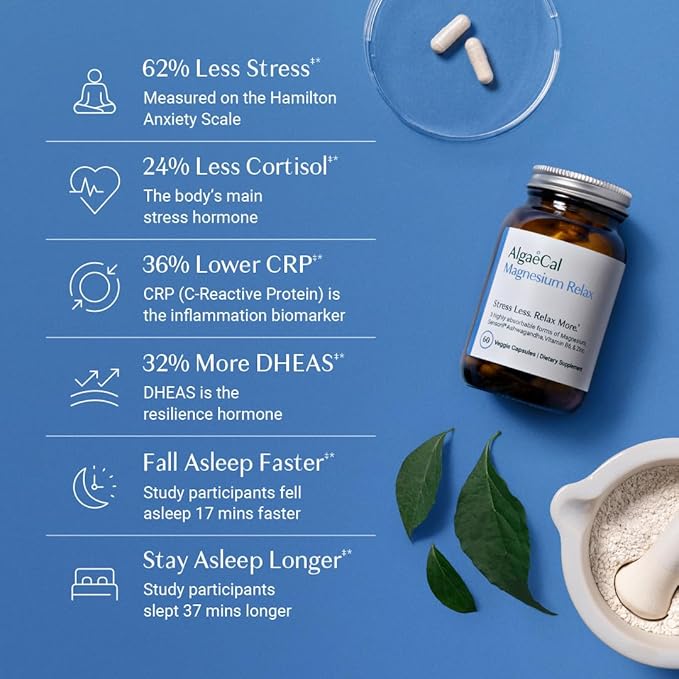 AlgaeCal Magnesium Relax™ - Chelated Magnesium with Ashwagandha for Sleep & Stress - Glycinate, Malate, Citrate - Sleep, Mood, & Cortisol Support (4 Months Supply)