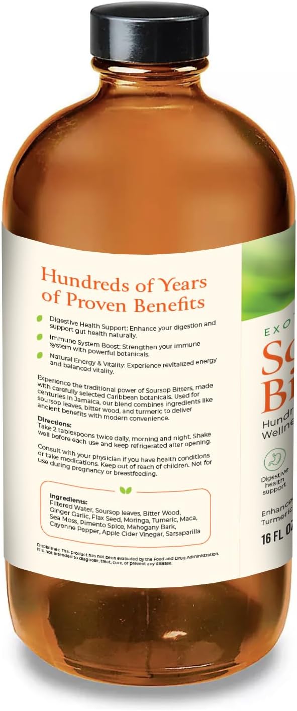 Mira’s Harvest Soursop Bitters Liquid, Guanabana 16oz Premium Grade for Gut Support, with Moringa, Bitter Wood, Apple Cider Vinegar