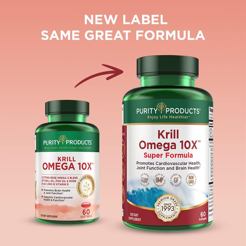 Purity Products Krill Omega-3 10x more EPA and DHA Super Formula Premium PhosphoBoost Krill Oil + Astaxanthin - Supports Joint Comfort + Flexibility - No Fish Burps LemonLock System - 60 SoftGels