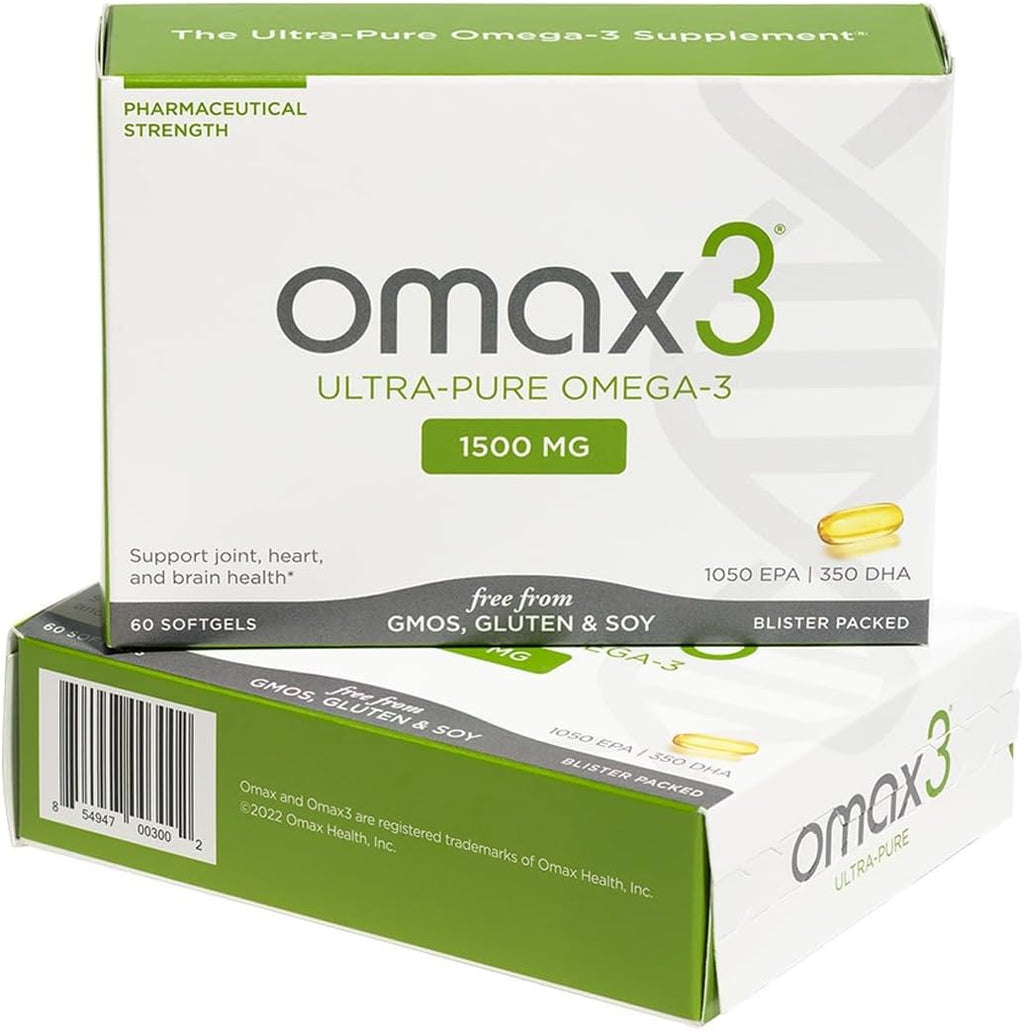 Omax3 Natural Omega 3 Fish Oil Pills 1500 MG EPA DHA - Omega3 Fatty Acid Supplements Muscle & Joint- Gluten Free, Wild Caught, Non GMO, 30-Day Supply Blister Packed (1 Box)