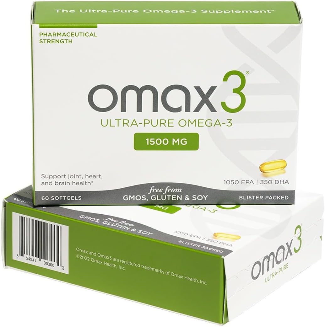 Omax3 Natural Omega 3 Fish Oil Pills 1500 MG EPA DHA - Omega3 Fatty Acid Supplements Muscle & Joint- Gluten Free, Wild Caught, Non GMO, 30-Day Supply Blister Packed (1 Box)