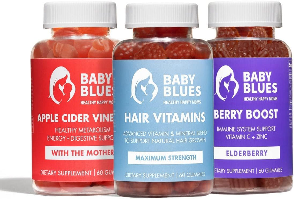 Baby Blues Postpartum Pack (Pack of 3) - Vitamin Kit for New Moms: Hair, Energy, and Immunity Support - Assorted Flavors - Non GMO, Gluten-Free Supplements