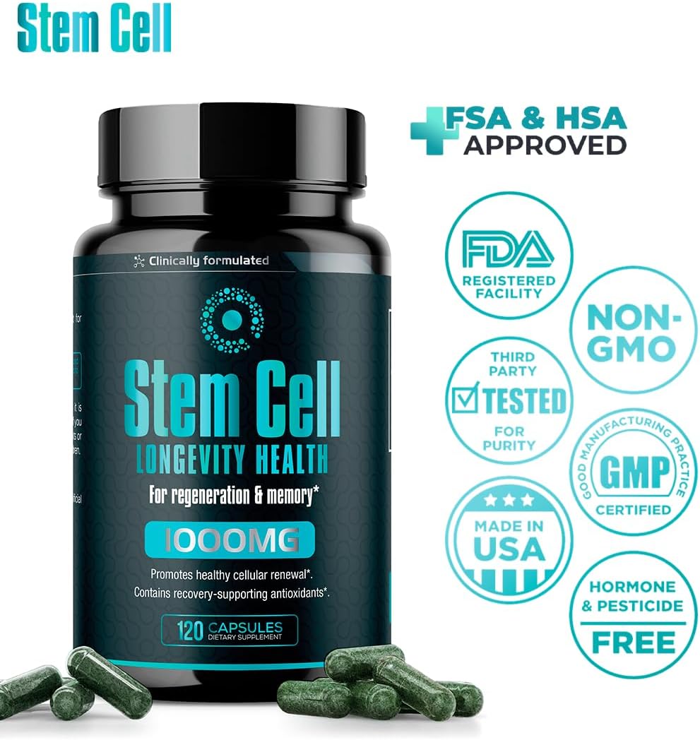 Premium Stem Cell Supplements 1,000mg (240 Caps) Boost Immunity, Reduce Joint Soreness, Support Natural Anti-Aging & Longevity with Spirulina & Chlorella for Vitality, Celulas Madre Health Formula