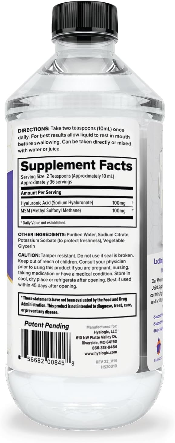 Hyalogic Hyaluronic Acid Joint Support Supplement (12 oz) – Advanced Formula Joint Supplement – MSM & 100 mg Hyaluronic Acid Supplements – Joint Supplements for Women & Men for Overall Joint Health