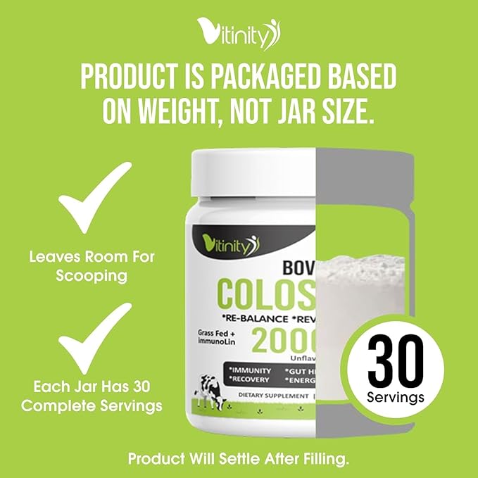 VITINITY Grass Fed Bovine Colostrum Powder for Humans - Natural IgG Colostrum Supplement for Gut Health, Immune Support, Muscle Recovery & Wellness | Pure Colostrum Superfood, Unflavored (90 Grams)