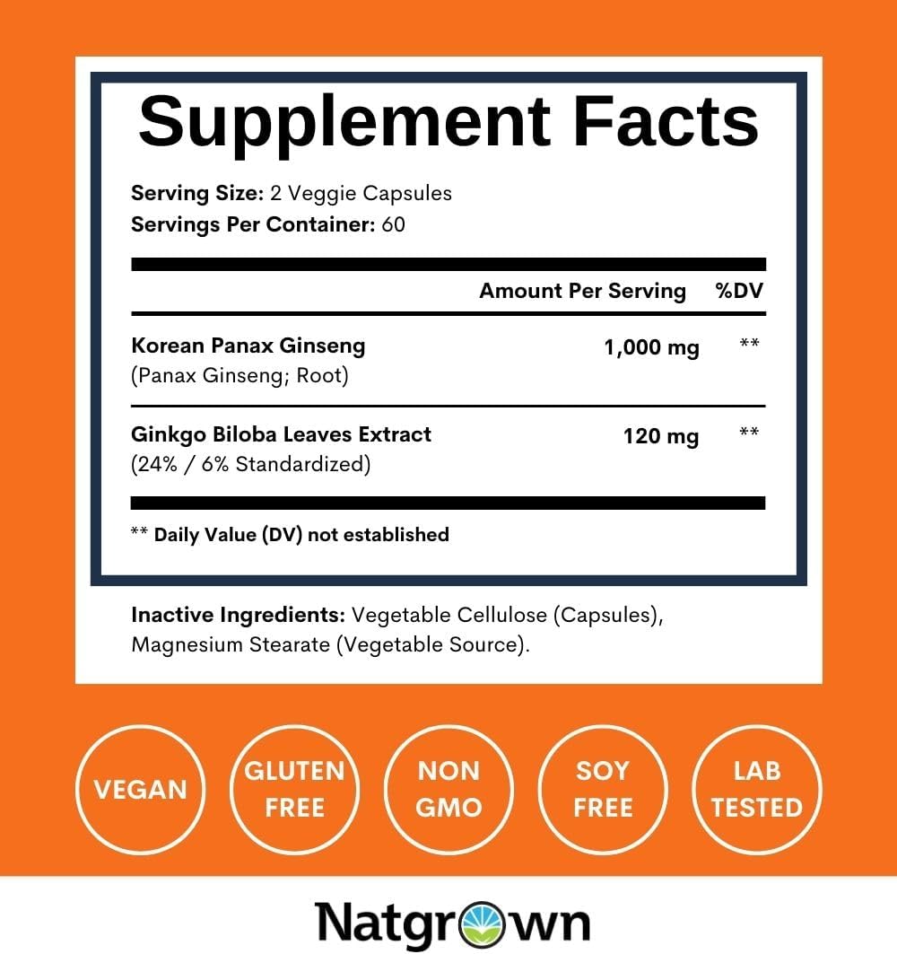 Natgrown Panax Ginseng & Ginkgo Biloba Supplement - Red Korean Ginseng & Ginko Biloba Capsules for Men & Women - Supports Memory Focus & Brain Function - Vegan Pills - 120 Count