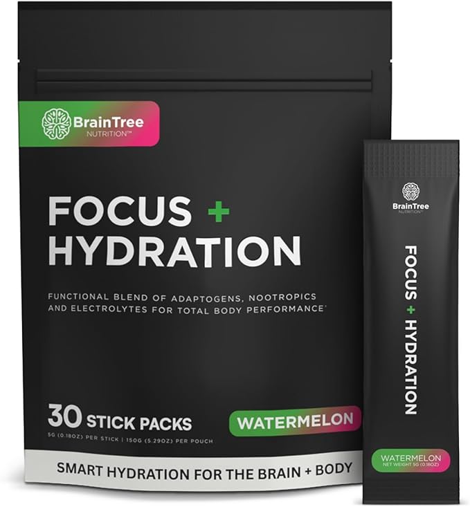 BrainTree Nutrition - Focus + Hydration - Electrolyte Drink Mix - Total Body Hydration - Supports Cognitive Function, Energy & Muscle Recovery - Sugar Free - Watermelon - 30 Stick Packs
