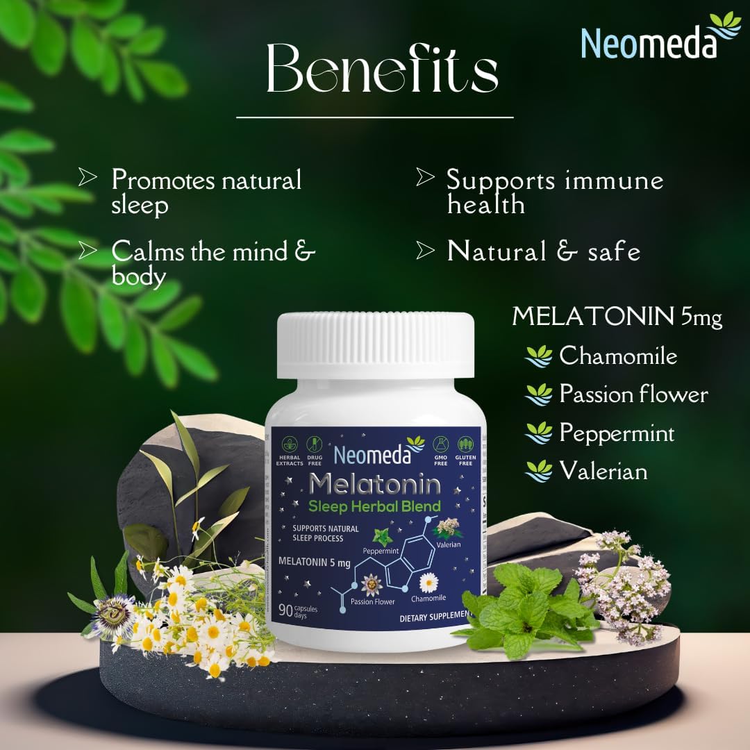 Melatonin Sleep Herbal Blend - Natural Sleep Support for Restful Nights with Melatonin 5mg & Calming Herbs - Drug-Free Dietary Supplement, 90 Capsules, 90-Day Supply