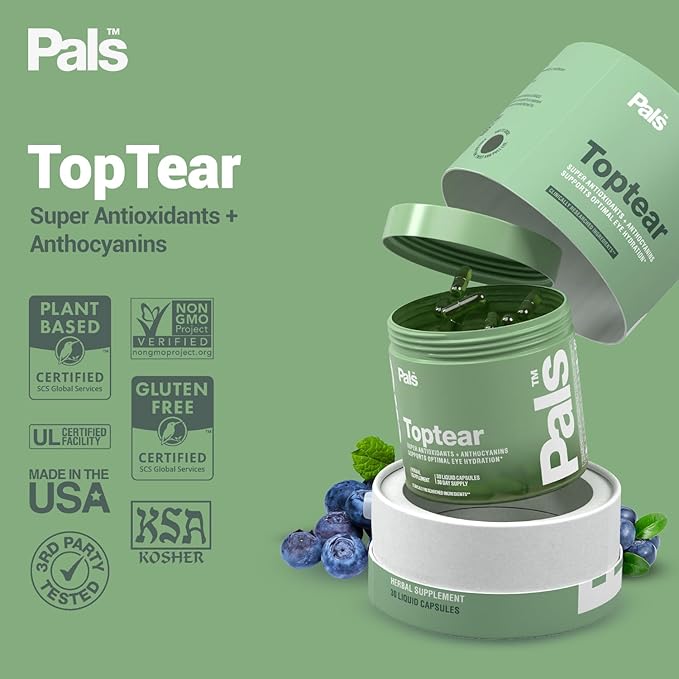 Dry Eye Relief Supplements for Adults with Pure Bilberry Extract Toptear Ultimate Eye Vitamins for Eyesight, Dryness Relief, Strain, Optical Nerve & Vision Care Support, Vegan Capsules (30 Days) PALS