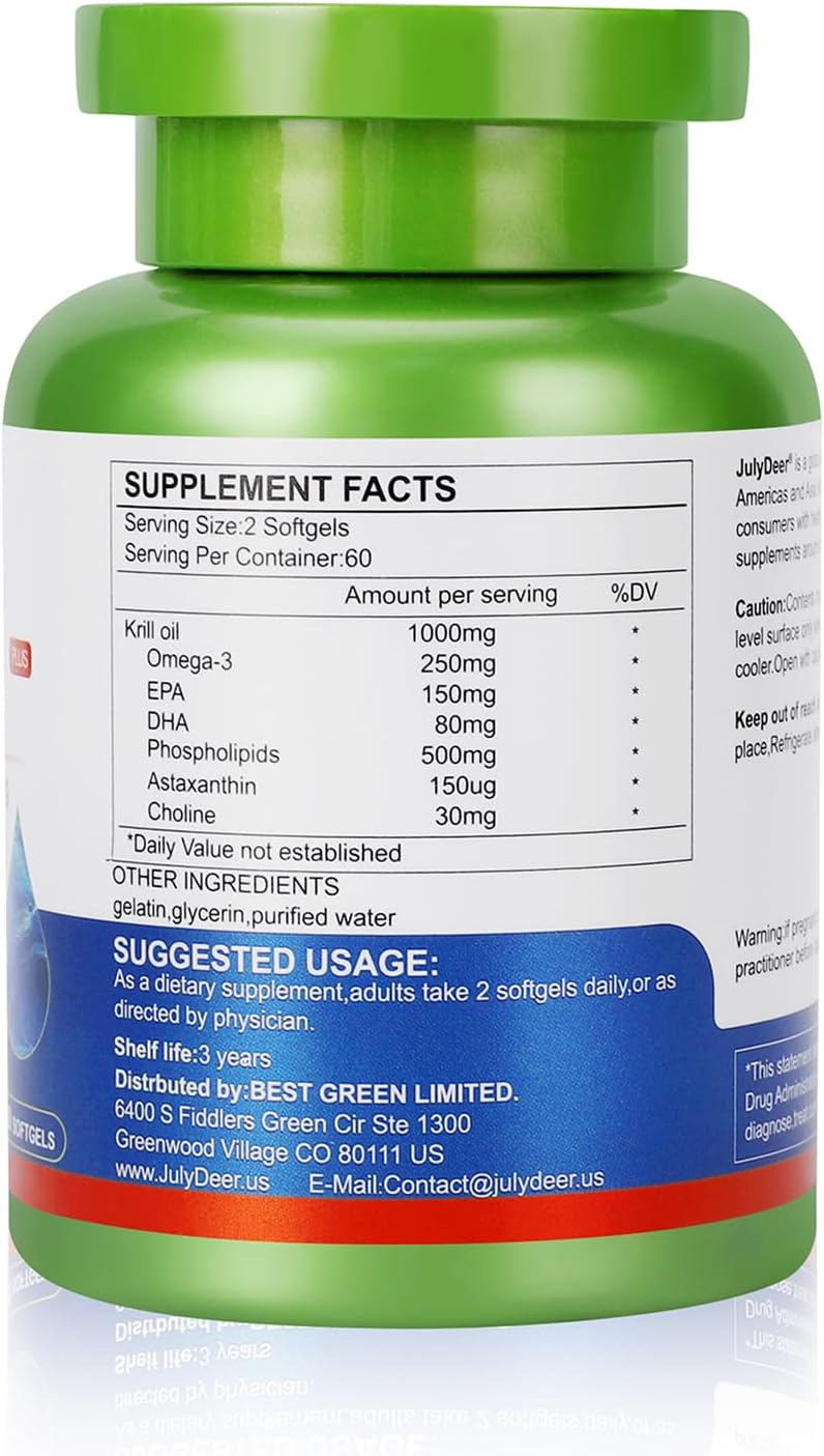 Krill Oil 1000 mg 240 Softgels with Omega-3s EPA, DHA, Astaxanthin and Phospholipids Supplement, Antarctic Krill No Fishy Aftertaste for Joint, Heart, Brain and Immunity - 2 Bottles