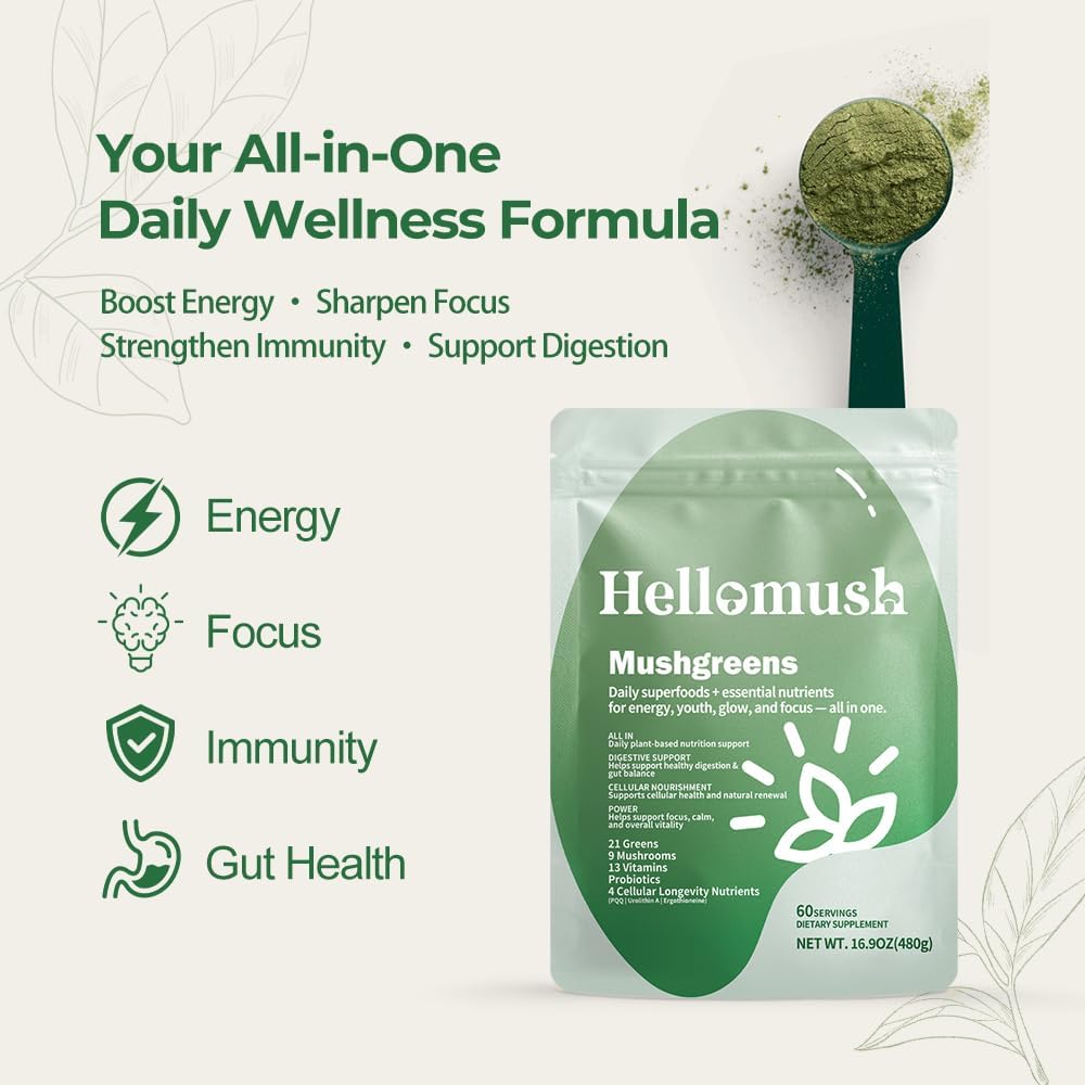 Super Greens Powder Superfood, Daily Green Powder Supplement with Probiotics Drink Mix for Men & Women, Blend of Greens, Mushrooms, Vitamins, Probiotics and Cellular Nutrients