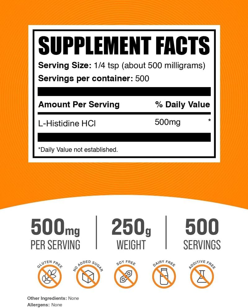 BulkSupplements.com L-Histidine HCl Powder - L-Histidine Supplement - Essential Amino Acid, Gluten Free, 500mg per Serving, 250g (8.8 oz) (Pack of 1)