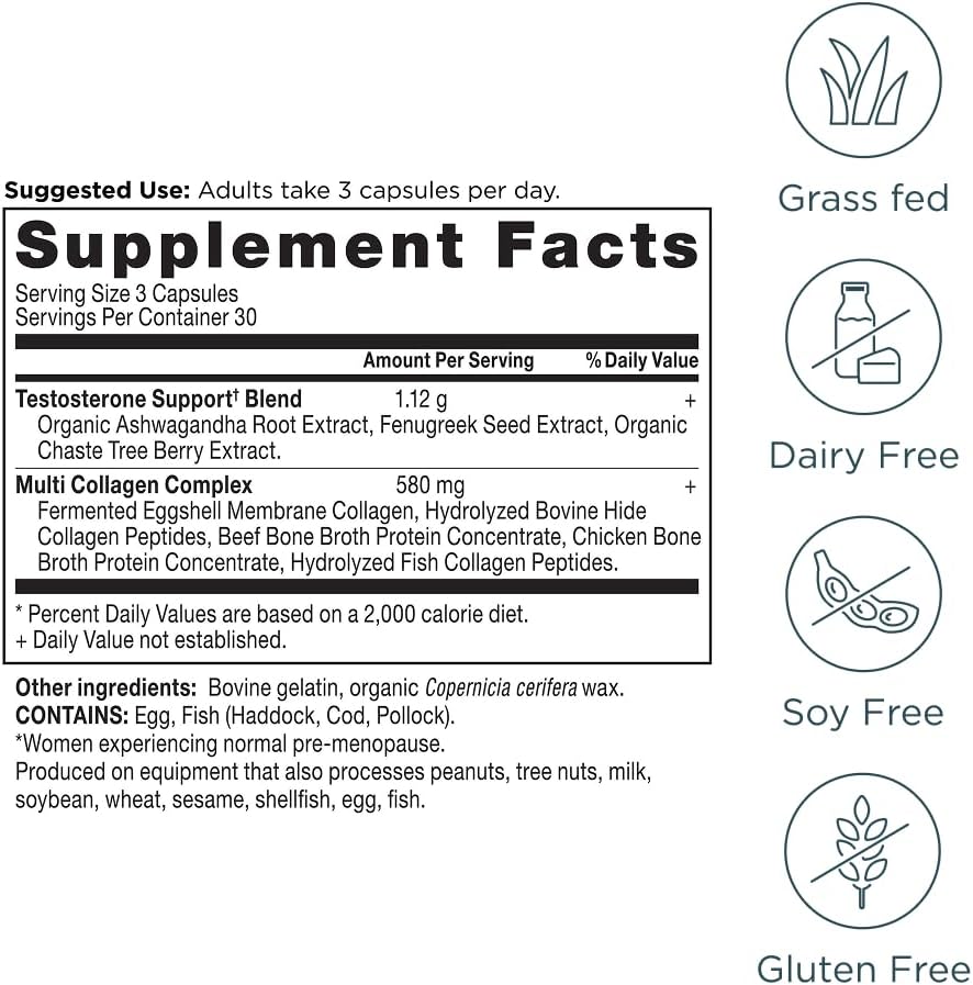 Ancient Nutrition Testosterone Support + Collagen Supplement, Hydrolyzed Collagen Peptides, Key Clinically Studied Superfoods Support Female Hormone Balance & Healthy Testosterone Levels, 90 Capsules