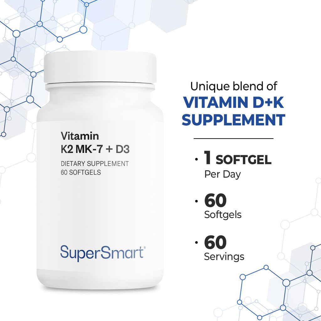 Supersmart - Vitamin K2 MK7 + D3 (Menaquinone 7) 90 mcg per Day - Bones & Heart Health Supplement - Immune Support | Non-GMO & Gluten Free - 60 Softgels