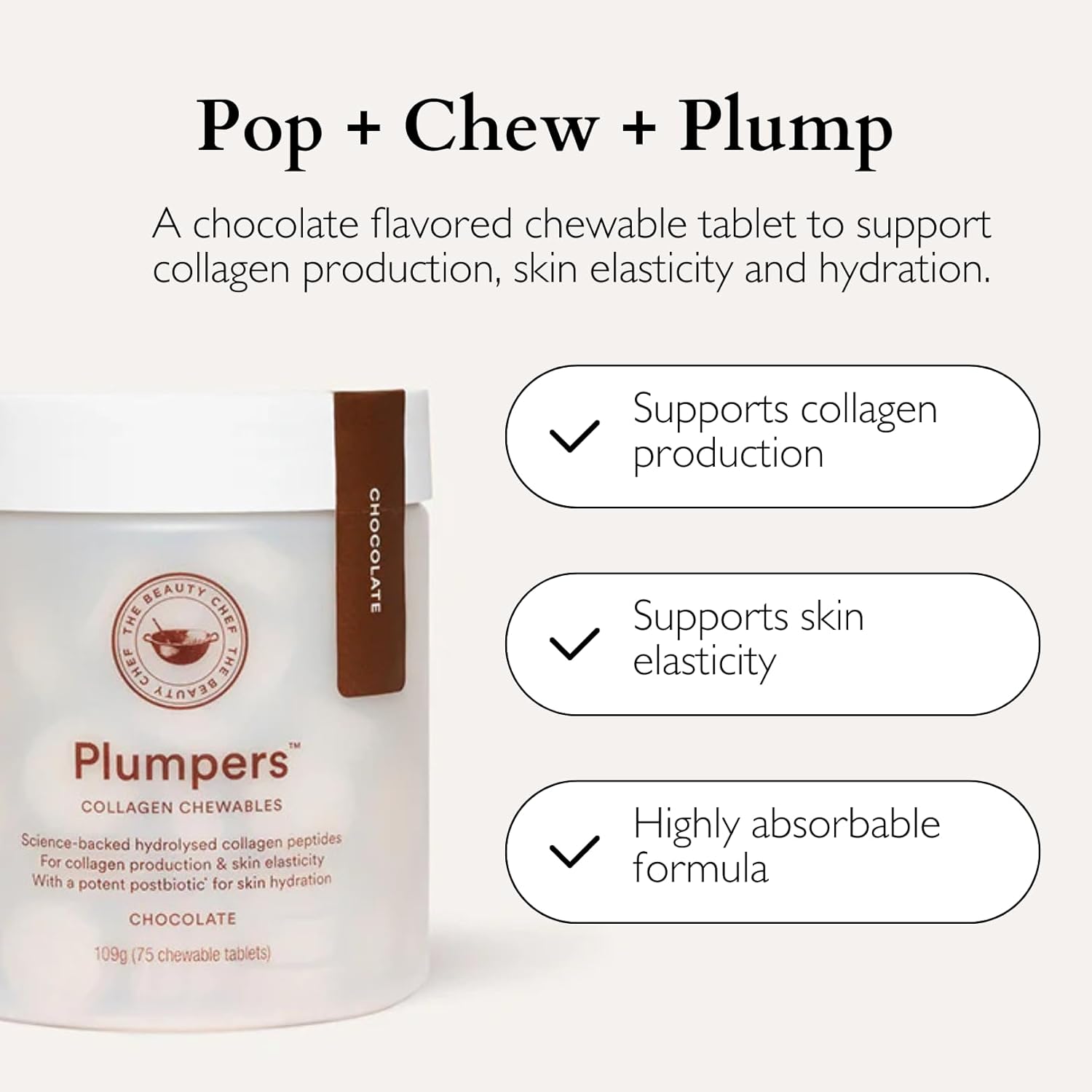 The Beauty Chef Plumpers™ Collagen Chewable Tablets with Hyaluronic Acid & Postbiotic, Supports Skin Elasticity & Collagen, Women's Multivitamin, Collagen Peptides, 75 Tablets (Chocolate)