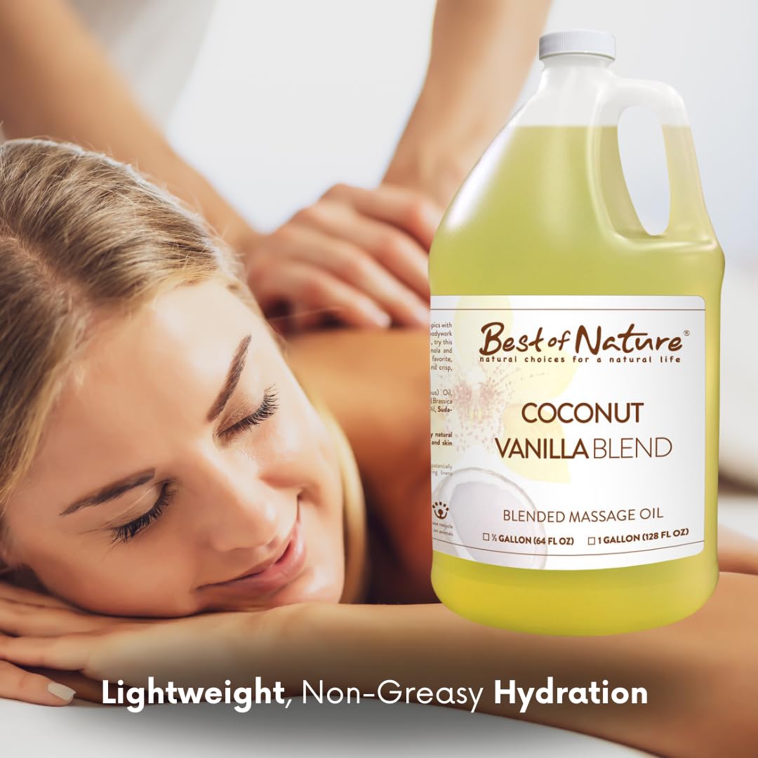 Best of Nature Coconut Vanilla Aromatherapy Massage Oil - Luxurious Blend with Coconut & Vanilla, Perfect for Spa Use, Relaxing Massage & Skin Hydration, Silky & Lightweight - Half Gallon (64 fl oz)