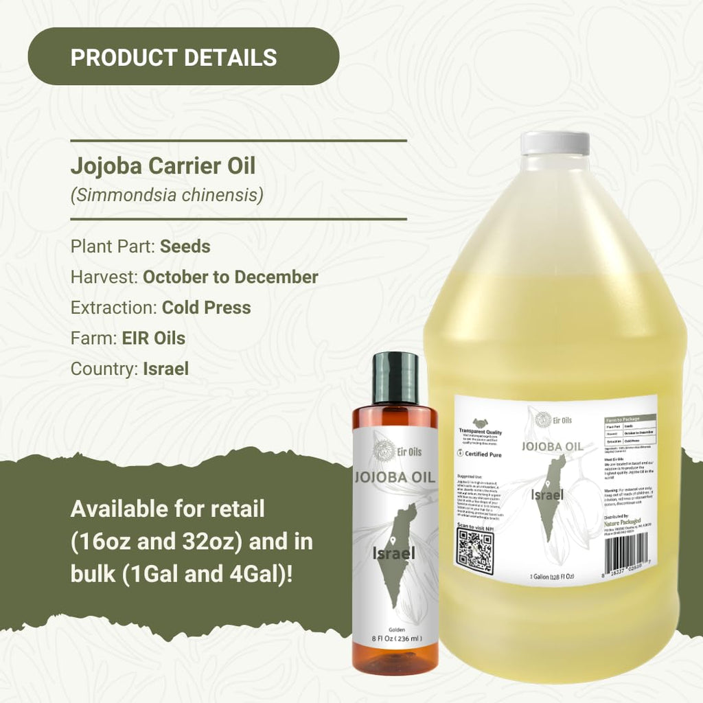 Jojoba Oil - Direct from EIR Oils' Farm in Israel - 100% Pure Carrier Oil for Hair, Face, and Skin - Hand-Picked, Cold-Pressed Carrier Oil (8oz)