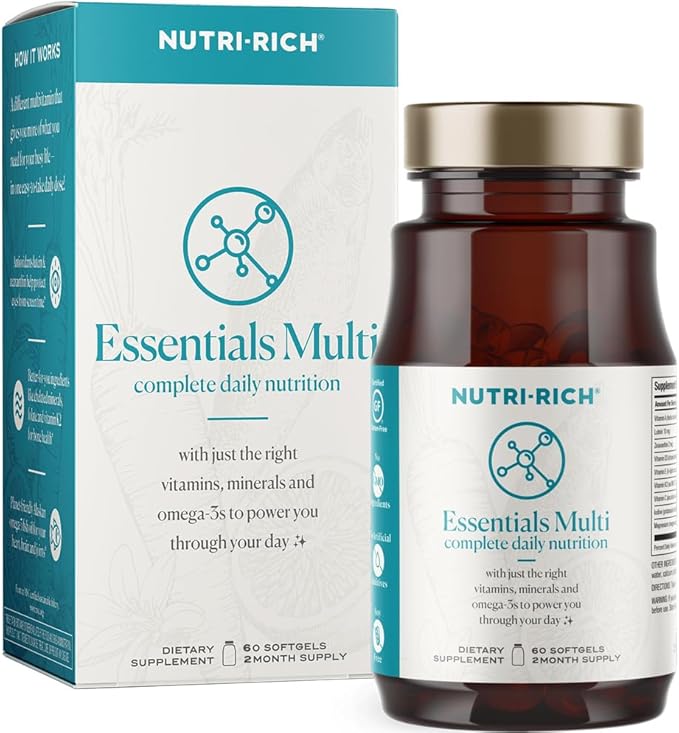 Nutri-Rich Essentials Multi | Multivitamin Supplement with Fish Oil Omega-3 for Men and Women, Supports Energy, Immune Health, Vitamin A, C, D3, E, K2, and Zinc, Non-GMO, Gluten Free (60 Count)