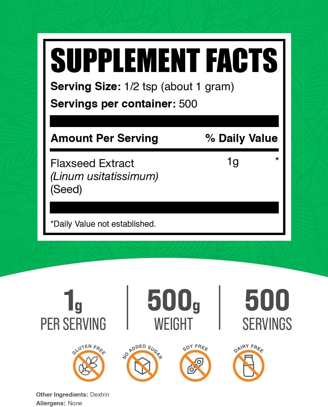 BulkSupplements.com Flaxseed Extract Powder - Omega-3 Supplement, Flaxseed Powder - Vegan & Gluten Free, 1g per Serving, 500g (1.1 lbs) (Pack of 1)