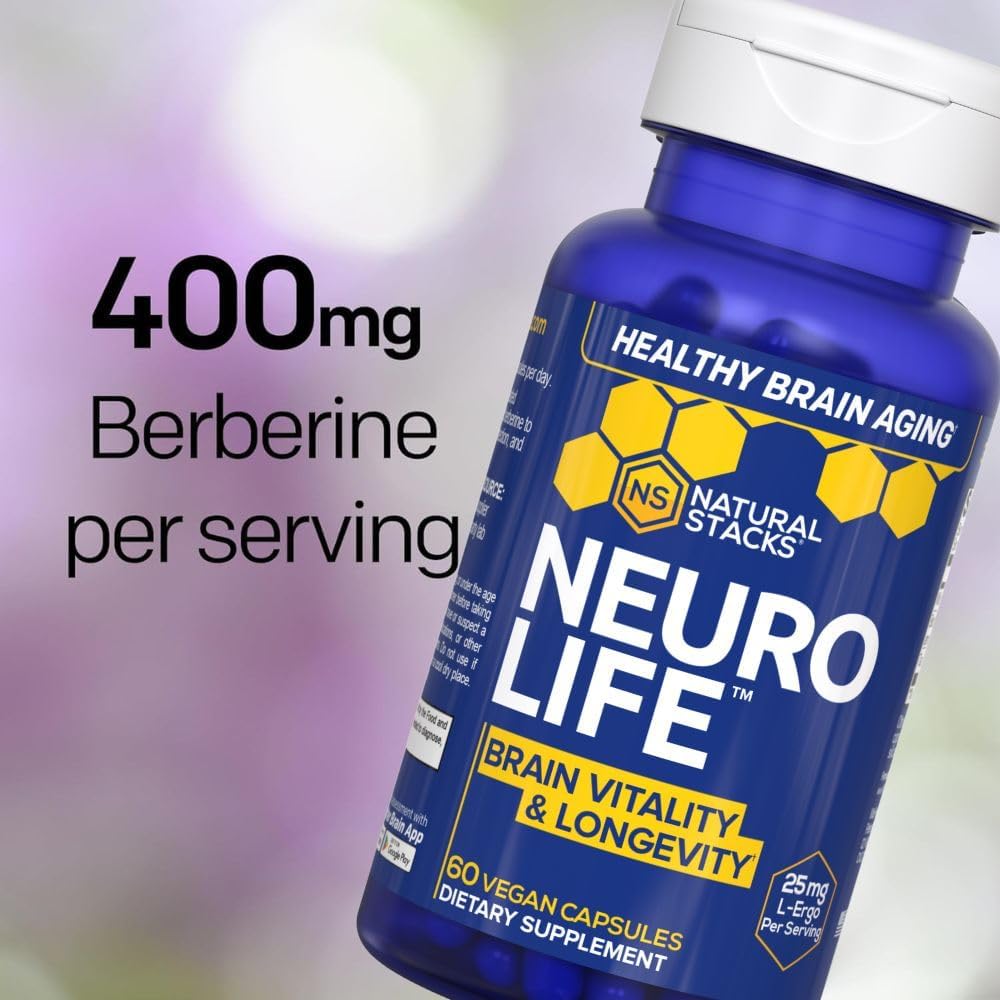 NeuroLife Longevity Supplement - 500mg Taurine & 400mg Berberine Supplement - Clinically Tested MitoPrime L-Ergothioneine - Brain Support for Cognitive Vitality - 60 Berberine Capsules