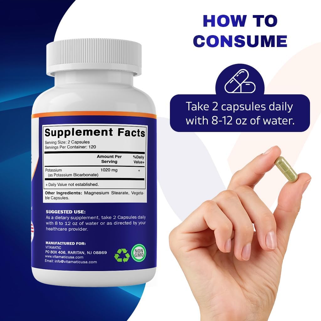 Vitamatic Potassium Supplement, 1020 mg, 240 Vegtable Capsules - Non-GMO - Gluten Free - Made in USA