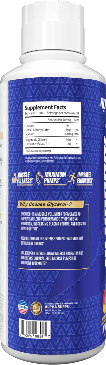 Glycerol+ Liquid Pump Formula - Stim-Free Liquid Glycerol and Citrulline High-Performance Supplement for Enhanced Muscle Pumps, Hydration, & Endurance (31 Servings, Peach Rings)