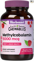 Bluebonnet Nutrition EarthSweet Methylcobalamin 5,000 mcg Active Coenzyme Form of Vitamin B12 Supports Energy Boost & Metabolism - Vegan, Gluten-Free - Raspberry Flavor - 60 Chewable Tablets
