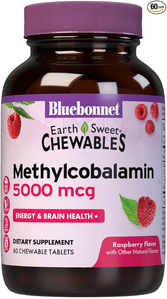 Bluebonnet Nutrition EarthSweet Methylcobalamin 5,000 mcg Active Coenzyme Form of Vitamin B12 Supports Energy Boost & Metabolism - Vegan, Gluten-Free - Raspberry Flavor - 60 Chewable Tablets