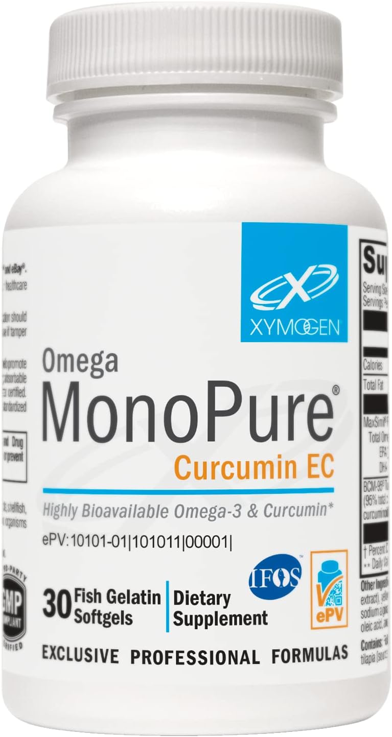 XYMOGEN Omega MonoPure Curcumin EC - Fish Oil with Enhanced DHA EPA Absorption + Turmeric Extract - Omega-3 Supplement for Cytokine Balance Support (30 Softgels)