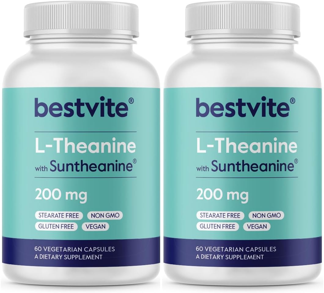 BESTVITE L-Theanine 200mg with Patented and Clinically Studied Suntheanine (120 Vegetarian Capsules) (2 x 60) - No Stearates - Vegan - Non GMO - Gluten Free