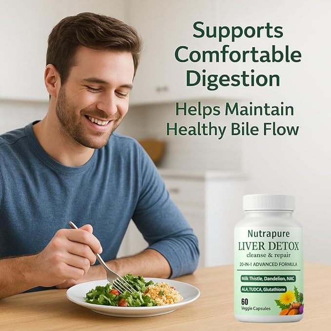 Nutrapure Liver Detox Capsules, 20-in-1 Liverdetox 60 Veggie Capsules Supplement with Milk Thistle, Liver Cleanse Detox & Repair, Liverhealth Formula