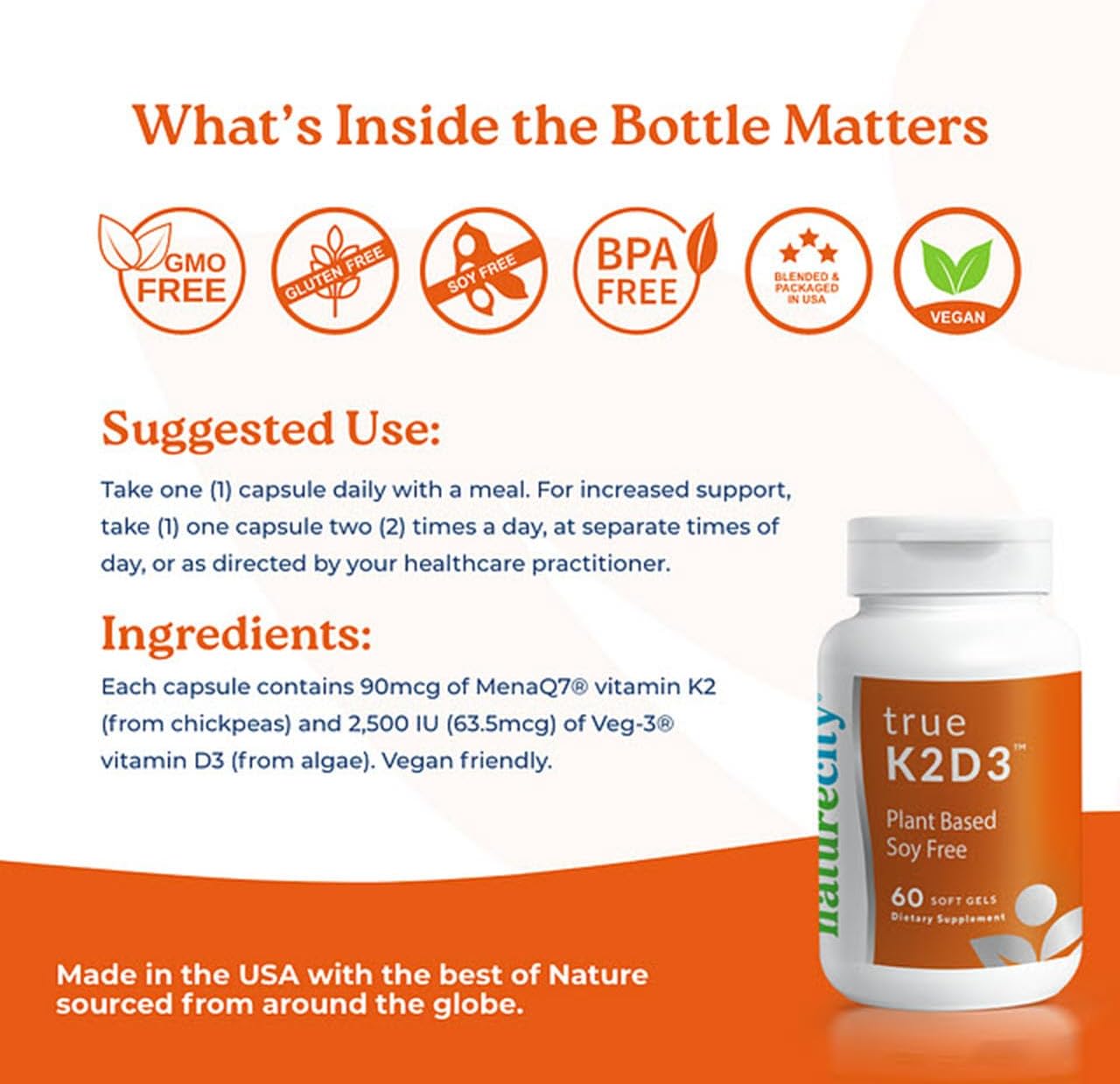 NatureCity TrueK2D3 Plant Based Vitamin K2 MK7 (90 mcg) & D3 from Algae(2,500 IU) 2 in 1 Vitamin D3 K2 Supplement for Bone, Heart and Immune Health – 60 Veggie Capsules