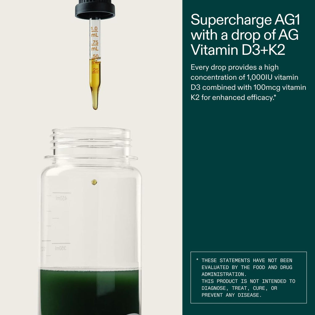 AG1 Vitamin D3 K2 Drops, 1000IU of Vitamin D3 and 100mcg of K2 per Serving, Supports Bone Density and Calcium Absorption (Athletic Greens)
