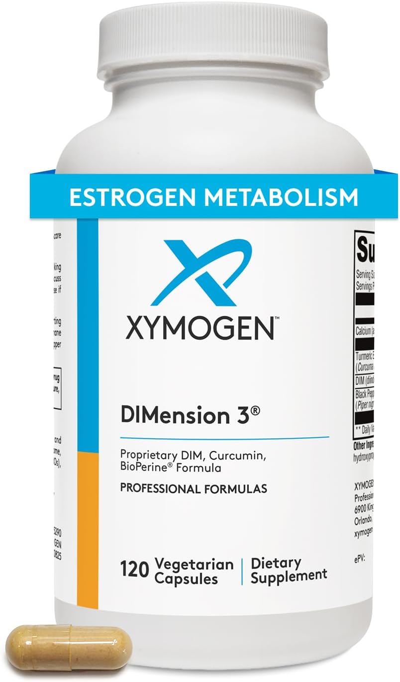 XYMOGEN Dimension 3 - Diindolylmethane DIM Supplement with Curcumin + BioPerine - Supports Healthy Estrogen Detox, Hormonal Balance for Women and Men - Menopause Relief + PMS Support (120 Capsules)