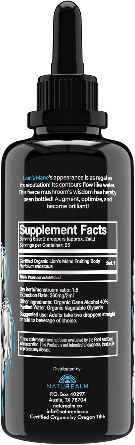 Naturealm Lion’s Mane Mushroom Liquid Tincture Supplement – Focus, Memory & Brain Health, Vegan, Non-GMO – Organic Fruiting Bodies, 2 Month Supply