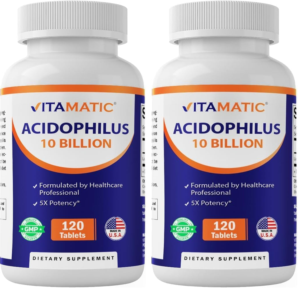 Vitamatic Acidophilus Probiotic - 10 Billion CFU - 5X Potency - Daily Probiotic Supplement, Supports Digestive Health - 120 Tablets (Pack of 2)
