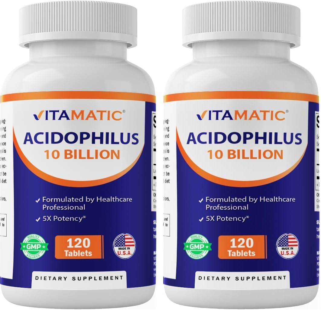 Vitamatic Acidophilus Probiotic - 10 Billion CFU - 5X Potency - Daily Probiotic Supplement, Supports Digestive Health - 120 Tablets (Pack of 2)