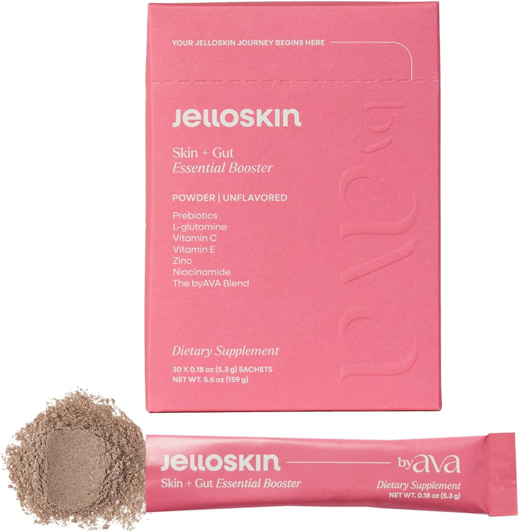 Jelloskin Skin + Gut Essential Prebiotic Booster Powder | L-Glutamine 1500mg, Vitamin C, Zinc, Niacinamide | 30 Servings | Glowing Skin, Gut Health Support | Antioxidants Camu Camu & Spirulina