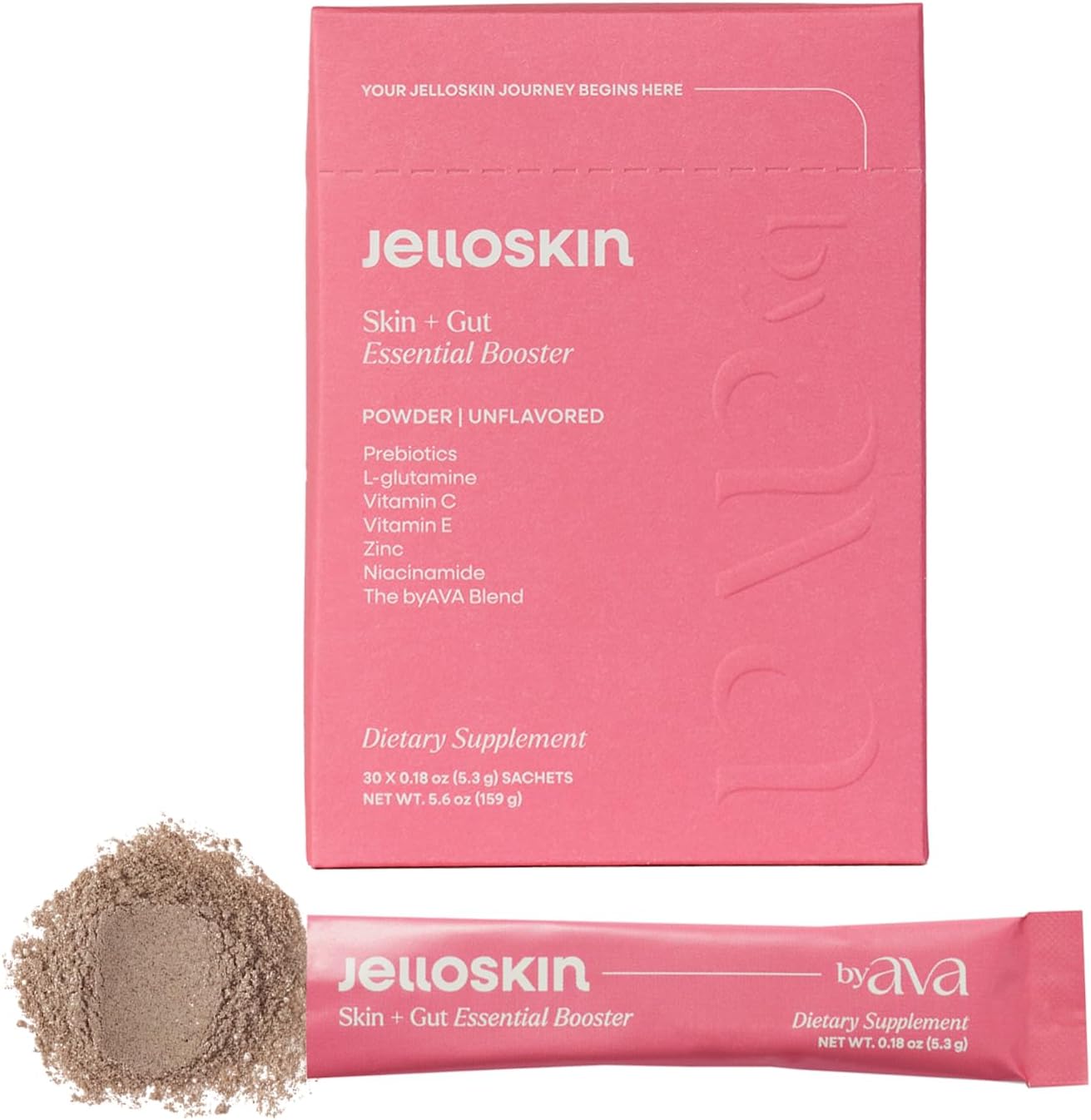 Jelloskin Skin + Gut Essential Prebiotic Booster Powder | L-Glutamine 1500mg, Vitamin C, Zinc, Niacinamide | 30 Servings | Glowing Skin, Gut Health Support | Antioxidants Camu Camu & Spirulina