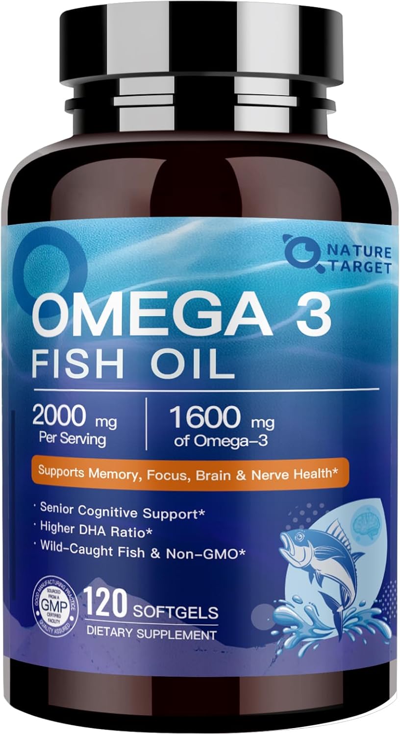 NATURE TARGET Omega 3 Fish Oil 1600mg, High-Purity Omega 3 EPA DHA with PS & CoQ10, Fish Oil Supplements for Heart Health, Brain Function & Memory, Advanced Absorption, Non-GMO, 120 Softgels.