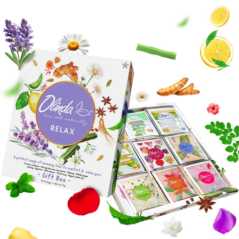 Olinda Relax Tea Sampler Herbal Gift Box 45 Count Assorted Organic Wellness Tea Set 9 Calming Herbal Tea Bags Thoughtful Variety Pack for Stress Relief & Sleep Caffeine Free Birthday Gift for Women