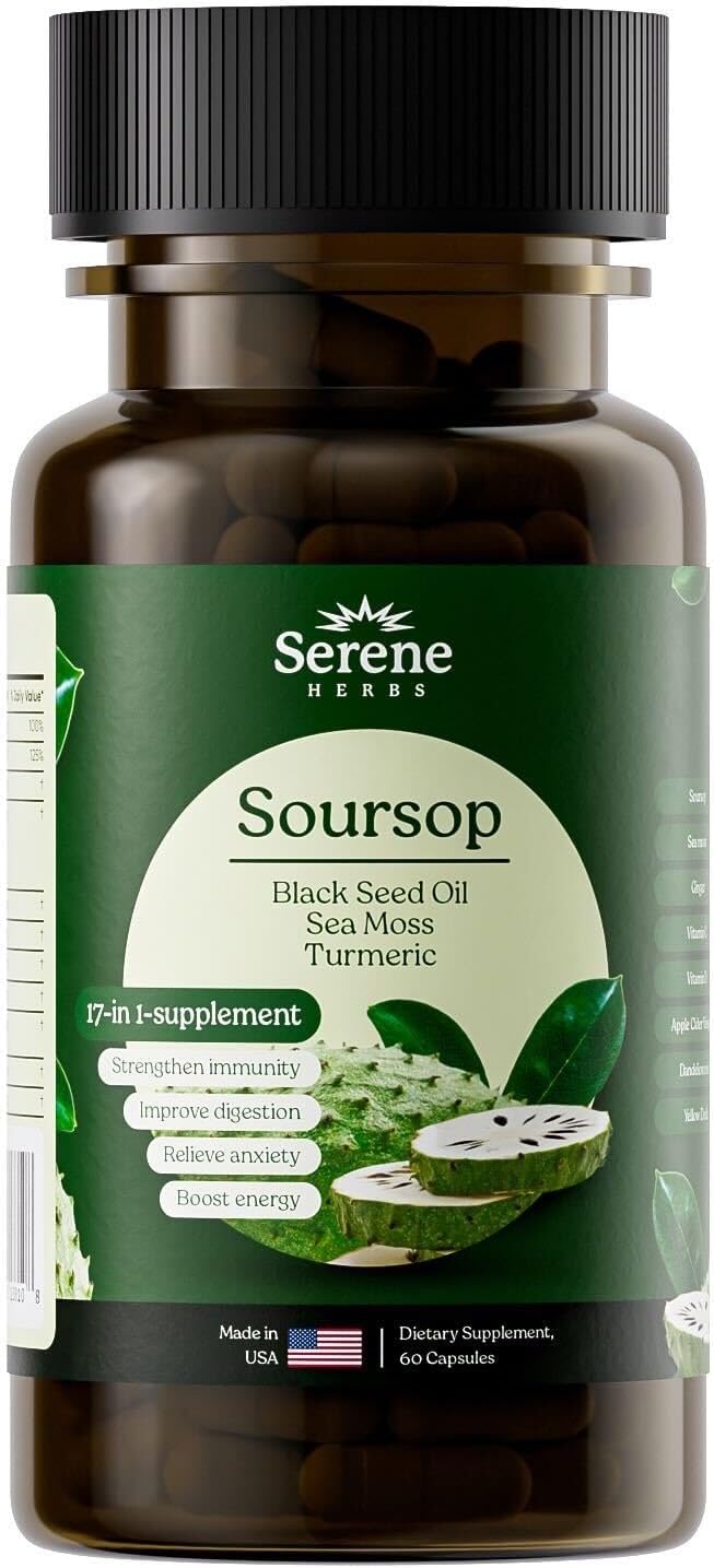 Sea Moss, Black Seed Oil 4000mg, Soursop 4000mg, Ashwagandha 2000mg, Turmeric, Bladderwrack, Burdock, Vitamin C & D3, Dandelion Root, Ginger- Herbal Supplement for Immune Support & Wellness(60 Count)