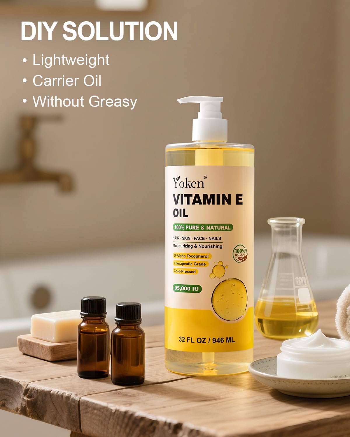 Yoken Vitamin E Oil 32 Fl Oz Organic Vitamin E oil for Skin 95,000 IU Vitamine oils for Scars Hair,Face,Nail,Scalp Perfect DIY Bath and Body Oil Cold Pressed Hexane Free Non-GMO Gluten Free Formula