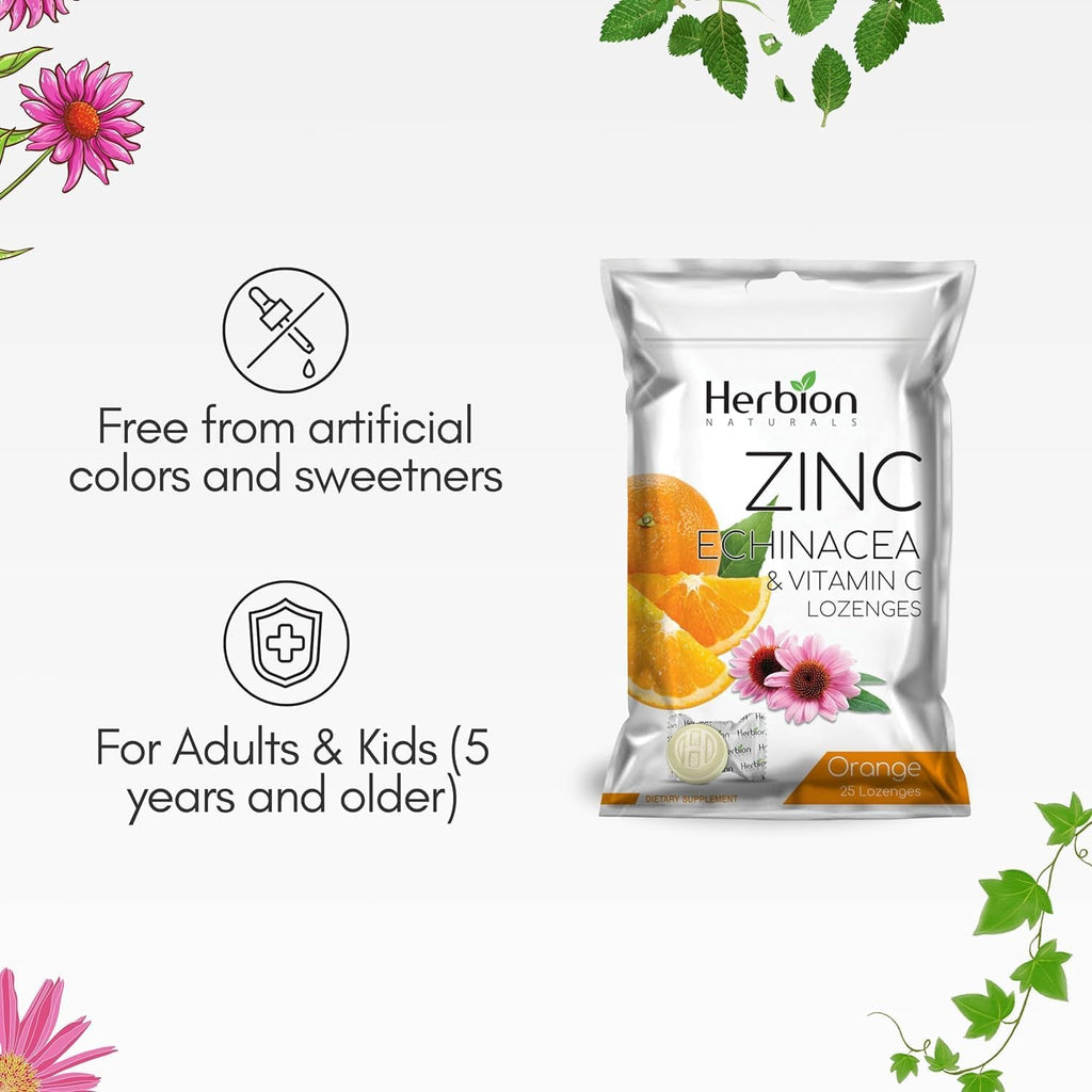 HERBION Naturals Zinc, Echinacea & Vitamin C Lozenges 25 CT, Dietary Supplement for Adults & Children 5+, Promotes Wellness for The Whole Family, 25 Count, Orange, Pack of 1