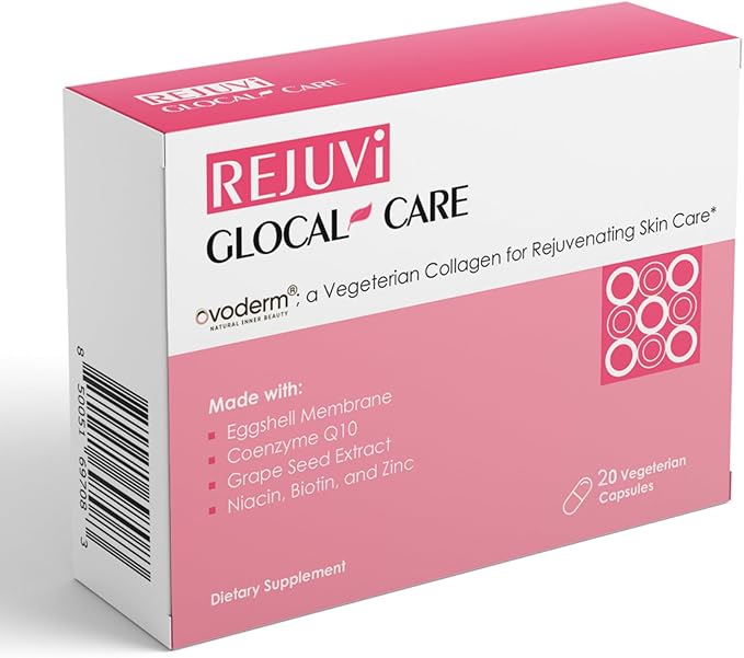 GlocalCare Rejuvi Collagen Booster – 300mg Ovoderm Vegetarian Collagen for Skin Elasticity, Firmness & Joint Support – Biotin, Grape Seed Extract, CoQ10 (20 Capsules)